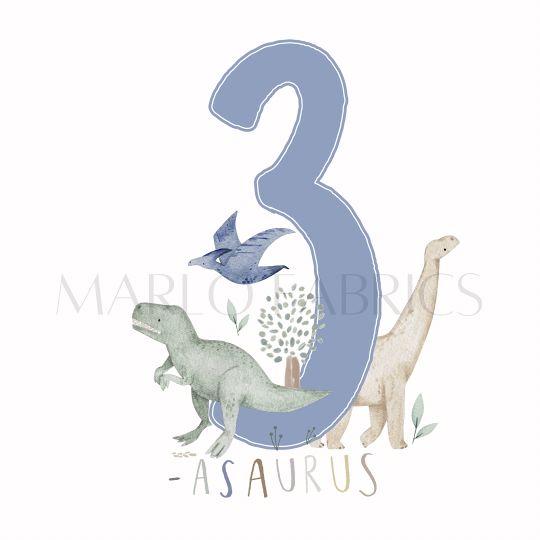 Dino Birthday - three - blue - Heat Transfer - IN STOCK