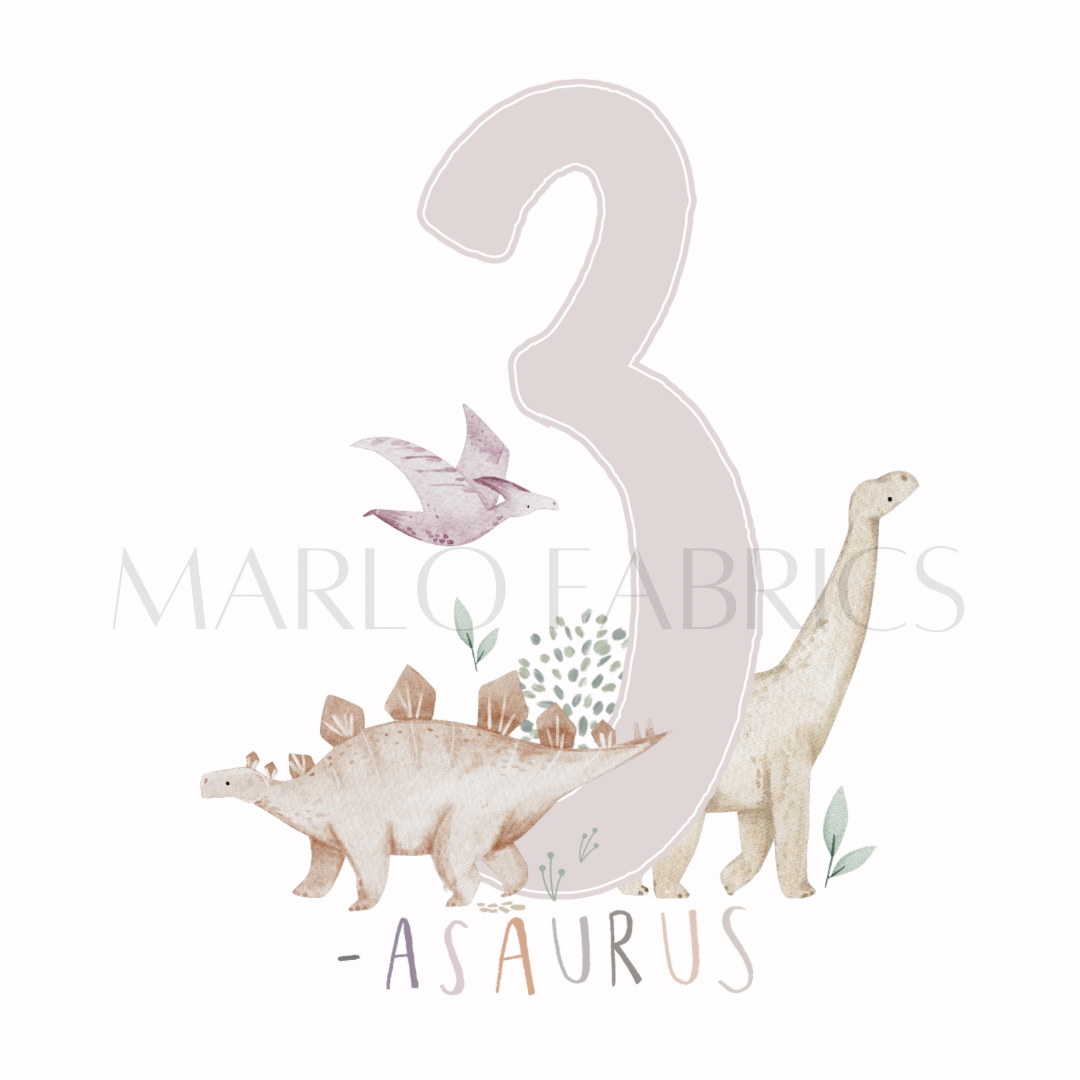 Dino Birthday - three - pink - Heat Transfer - IN STOCK